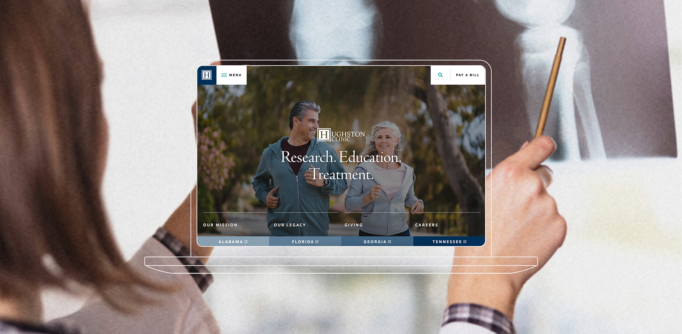 Hero image showcasing the clean and modern design of Hughston Clinic’s new website, highlighting its user-friendly layout.